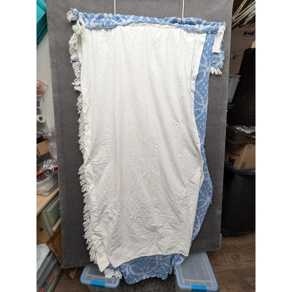 Vtg Bath Curtains Double Wedding Ring Chenille Drapes Blue White Pair Rod Pocket